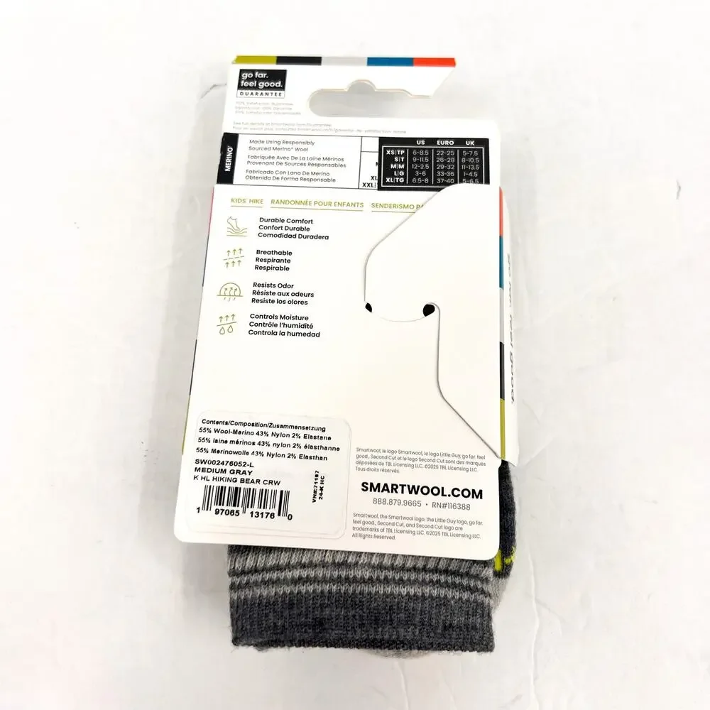 SMARTWOOL Kids' Hike Hiking Bear Crew Socks Large SIZE 3-6 Grey NWT